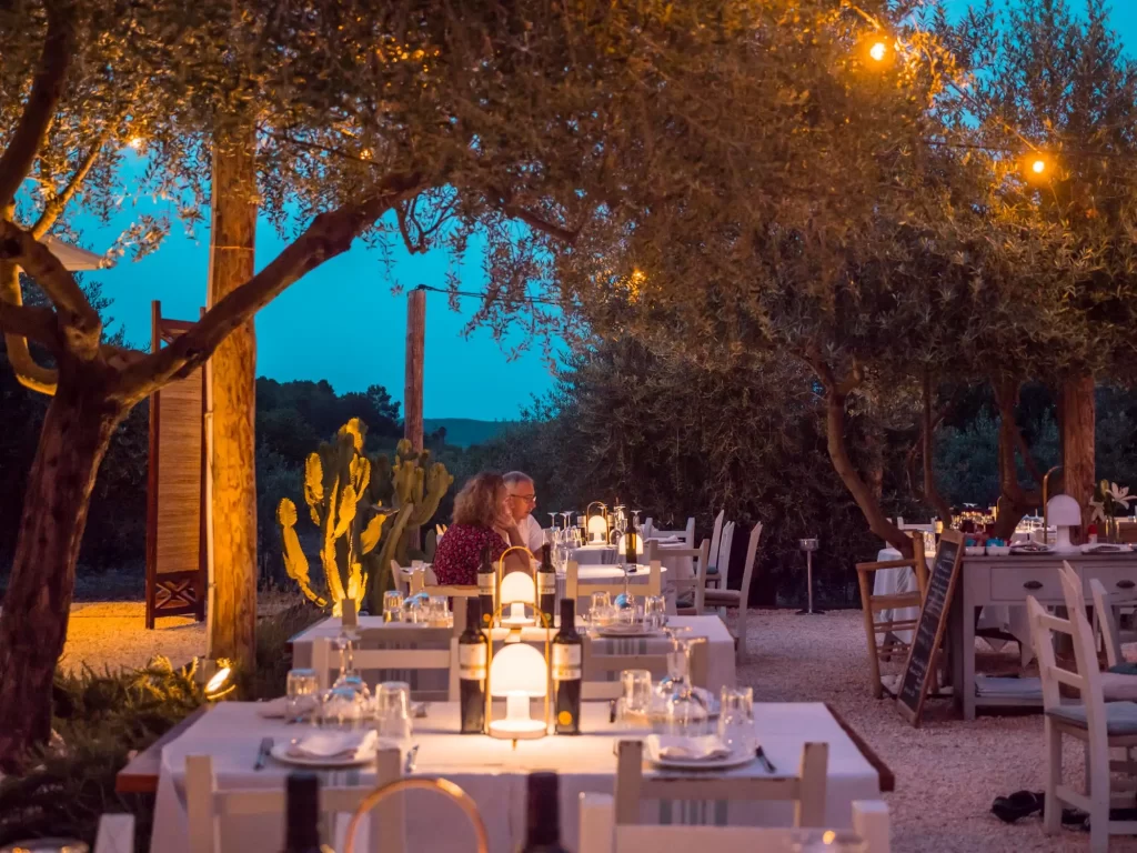 Night detail of the outside terrace of the Ses Escoles restaurant